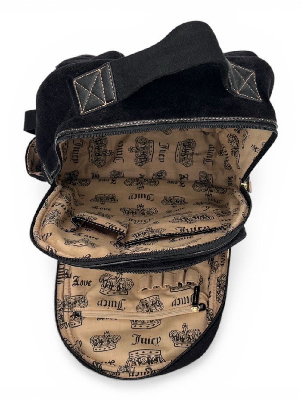Juicy Couture Vintage Y2K Black Velour Backpack Embroidered Floral Crest Logo - Picture 9 of 13